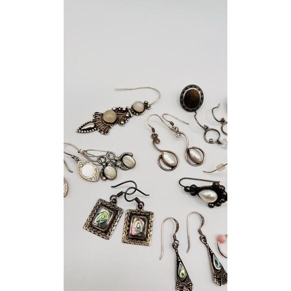 Lot Of Sterling Silver 925 Earrings Single/Pairs Moonstone Abalone SCRAP CRAFT - Picture 3 of 7